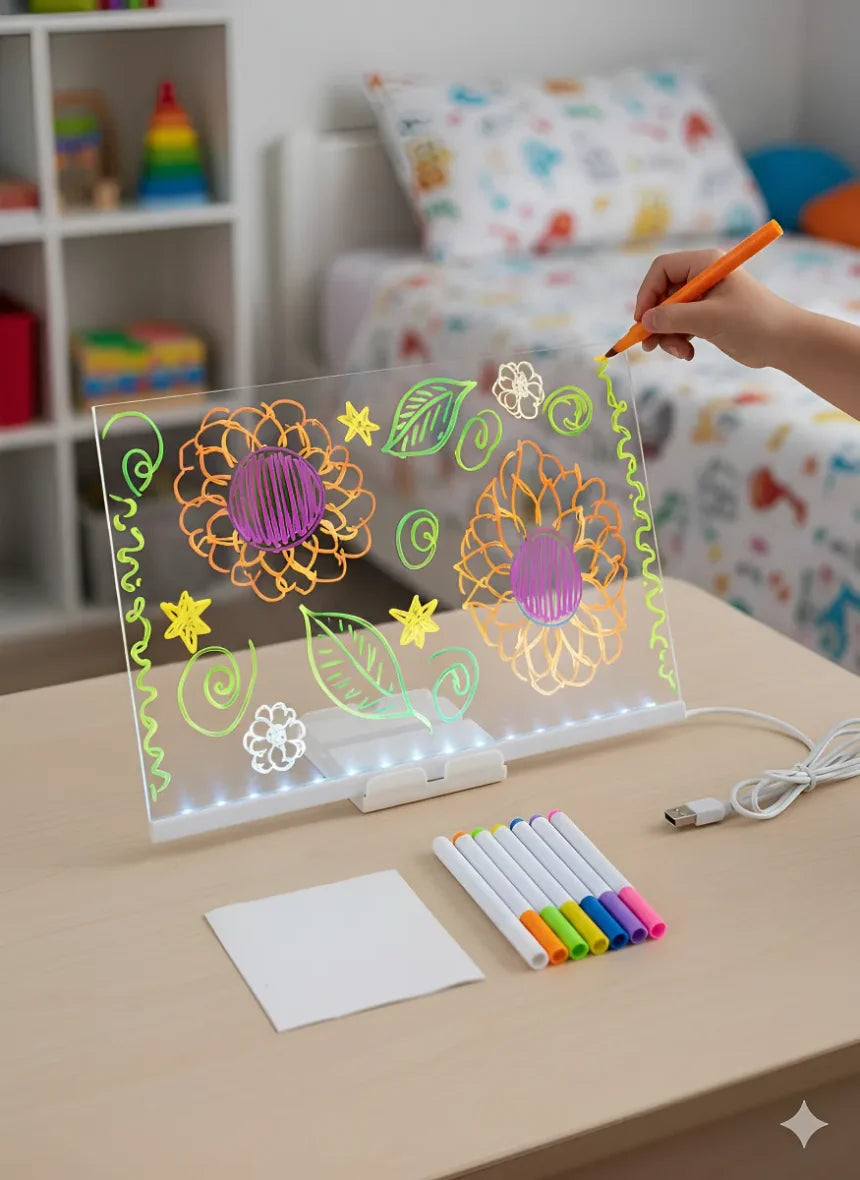 LED Acrylic Drawing Board for Kids – 12×8 Inch Reusable Glow Writing Board with 7 Neon PensLED Acrylic Drawing Board for Kids – 12×8 Inch Reusable Glow Writing Board with 7 Neon Pens Rewell