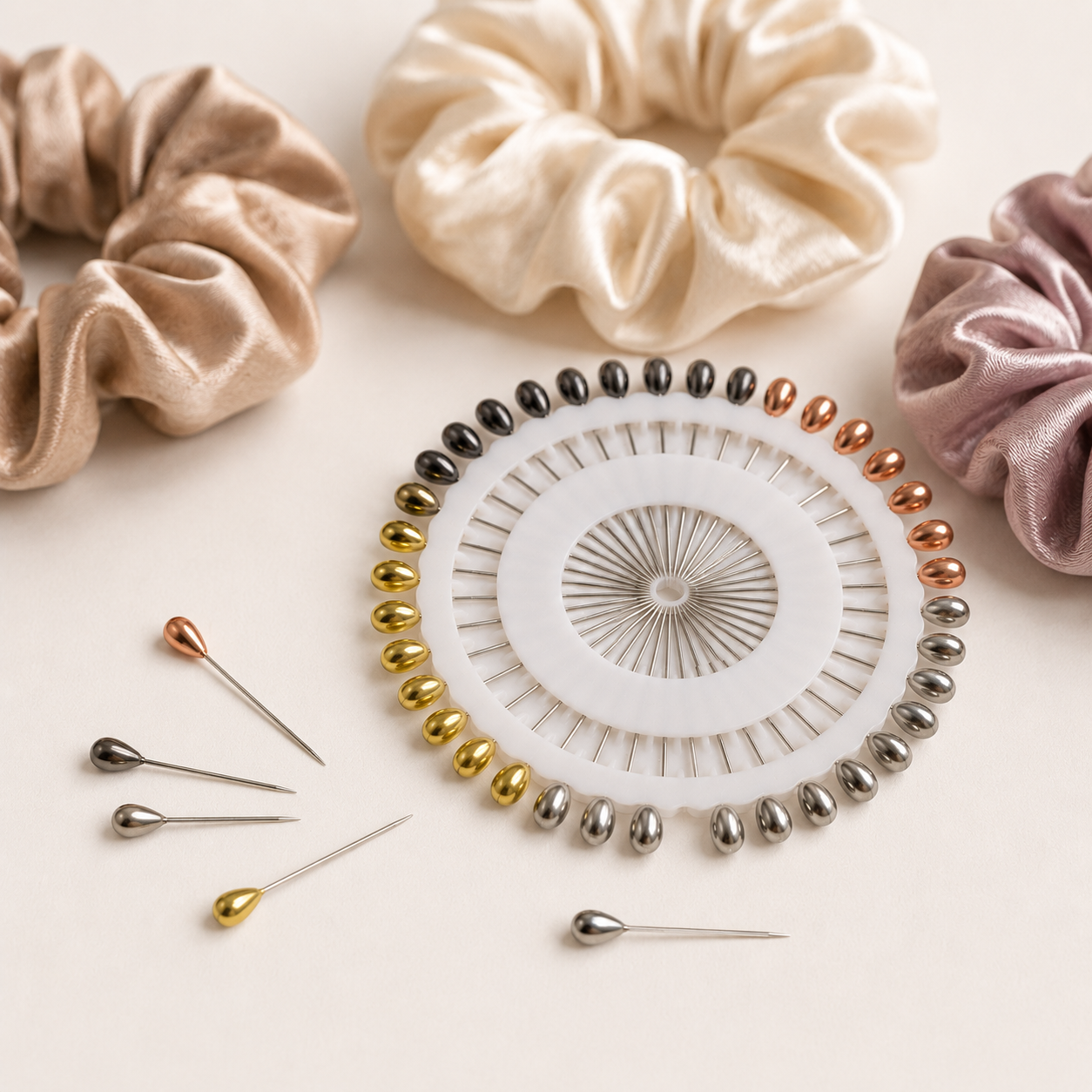 Premium Metallic Teardrop Hijab Pins Wheel (40-Piece) - Gold, Silver, Gunmetal, Rose Gold Rewell
