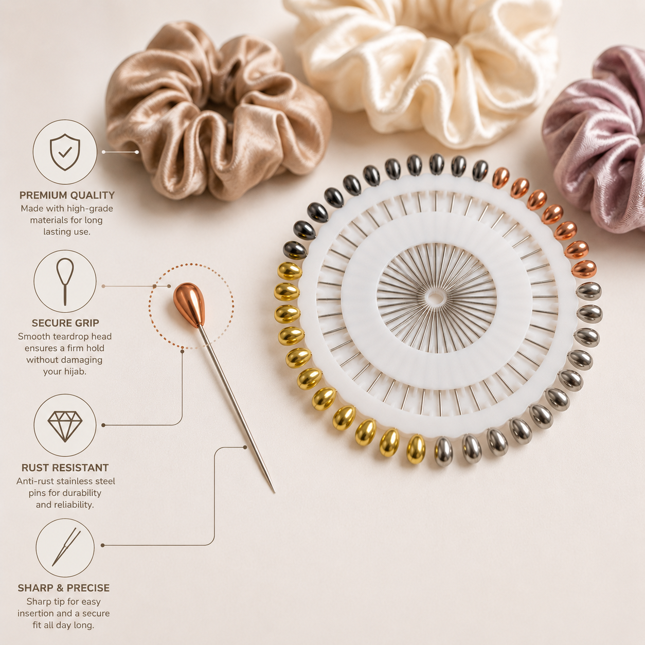 Premium Metallic Teardrop Hijab Pins Wheel (40-Piece) - Gold, Silver, Gunmetal, Rose Gold Rewell