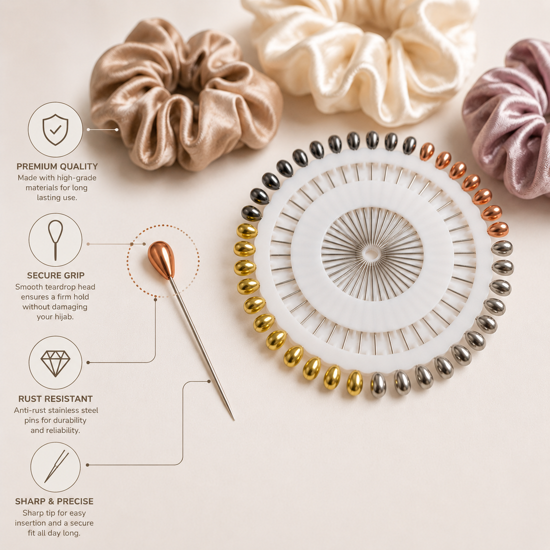 Premium Metallic Teardrop Hijab Pins Wheel (40-Piece) - Gold, Silver, Gunmetal, Rose Gold Rewell