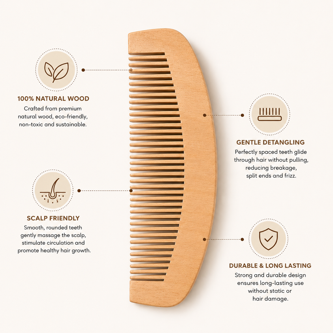 Premium Wooden Hair Comb | Anti-Static Natural Wooden Comb for Men & Women Rewell