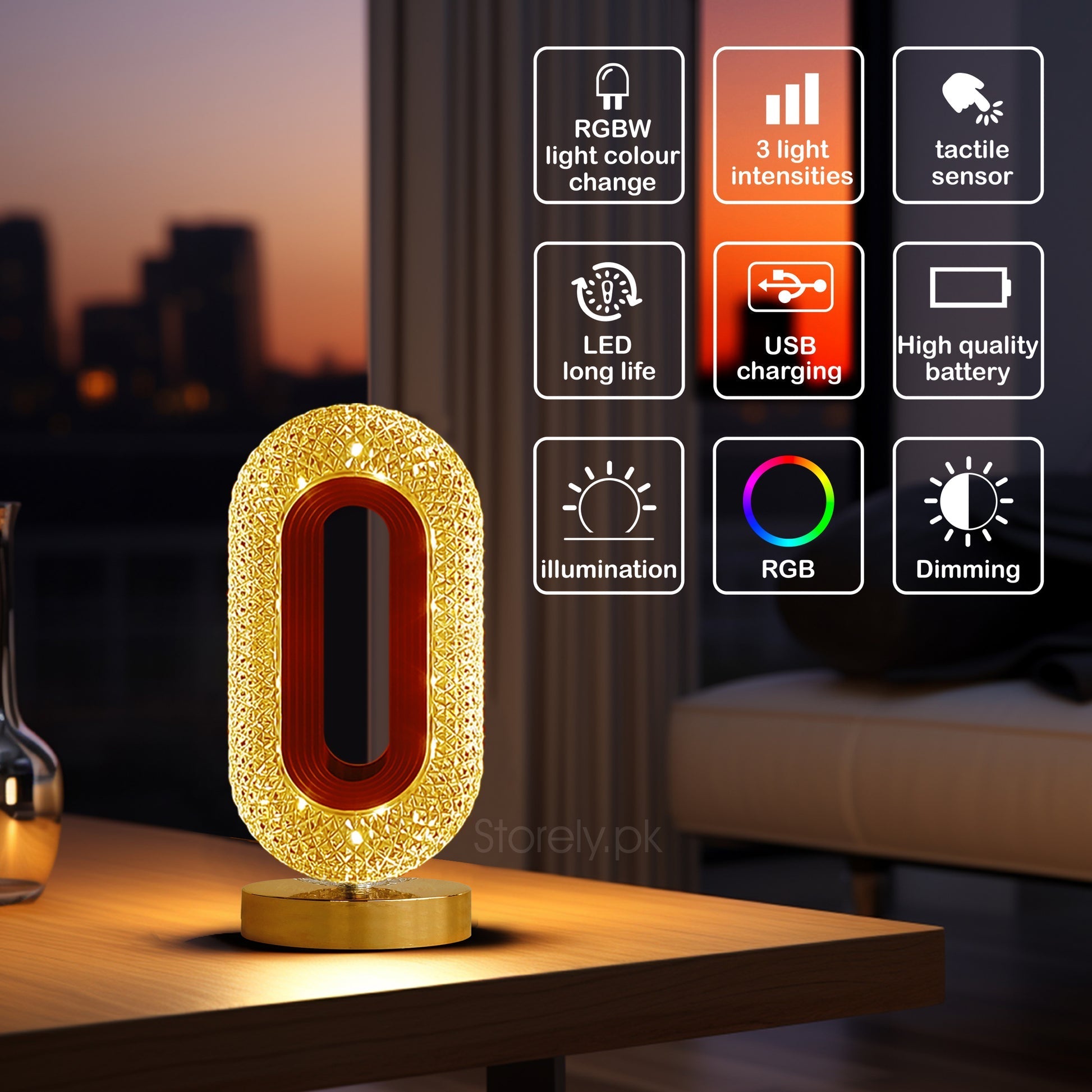 Oval Crystal LED Table Lamp - Decorative Night Light with Touch Sensor - Pack of 2 Rewell