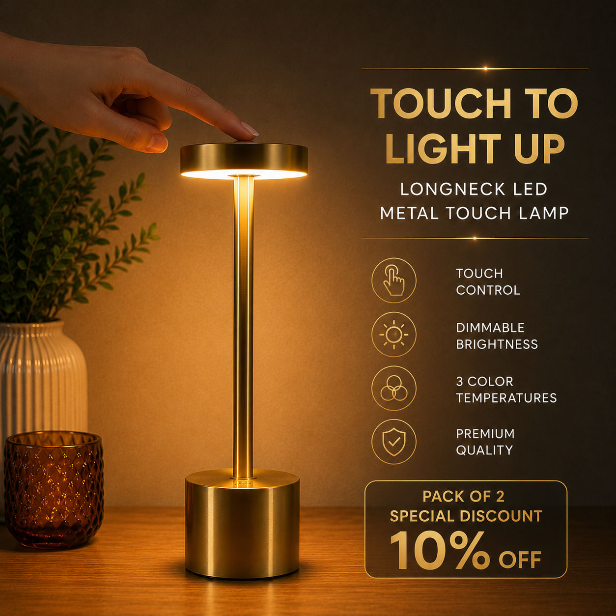 Long Neck Metal Touch Sense LED Lamp – Modern Minimalist Design, Recha storely